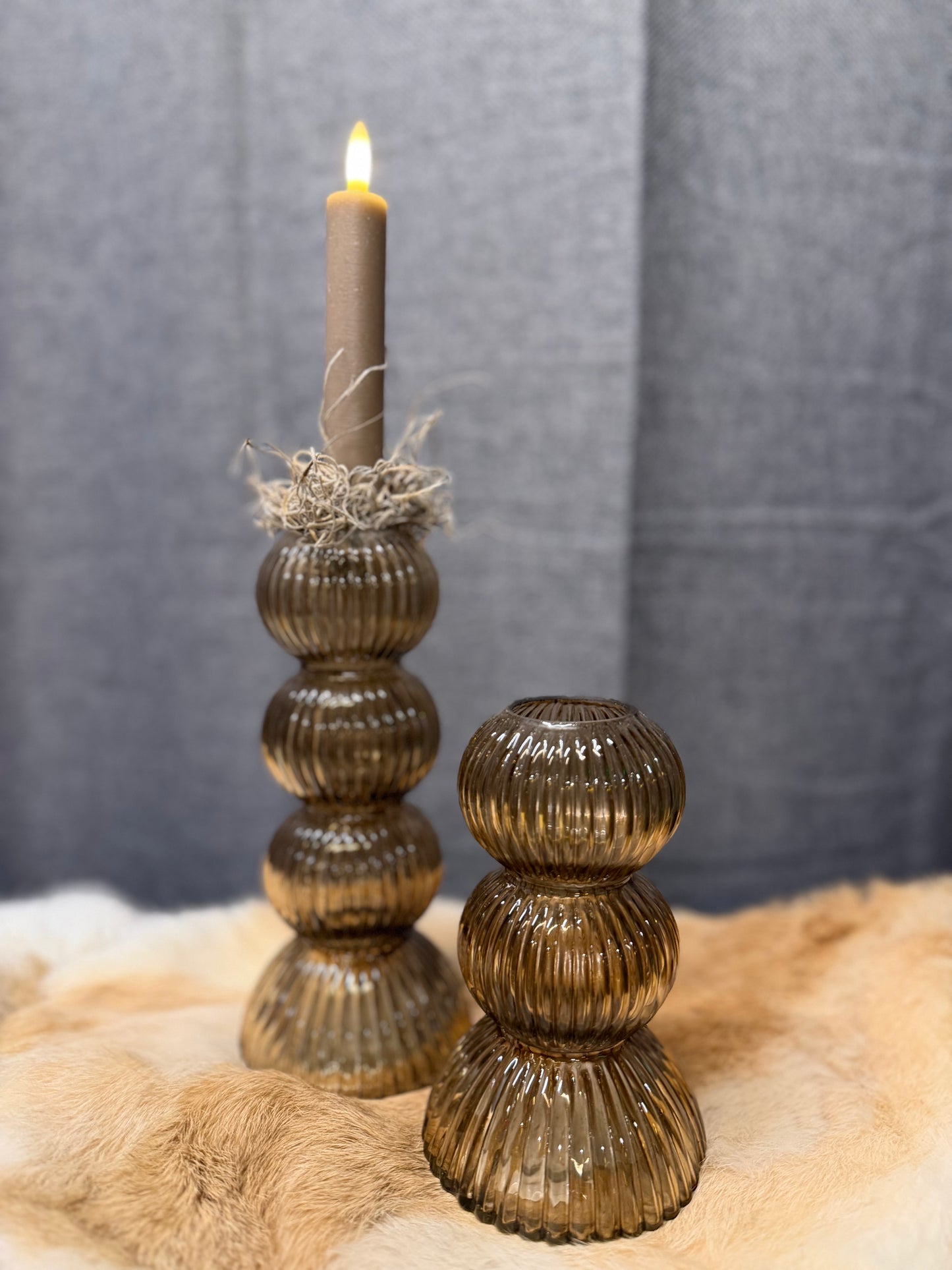 Glazen ribbel vaas/kandelaar set maat XS en S