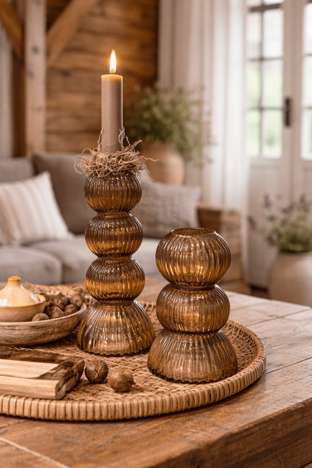 Glazen ribbel vaas/kandelaar set maat XS en S - DYNA WOONDECORATIE