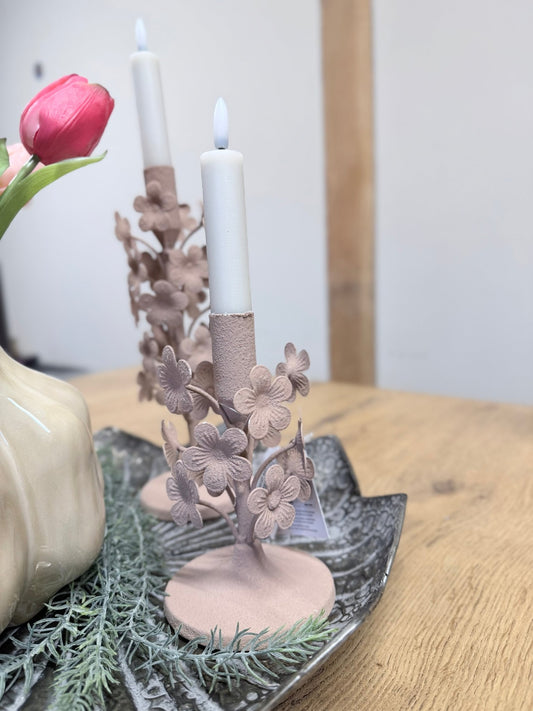 Roze kandelaar met bloemetjes - DYNA WOONDECORATIE