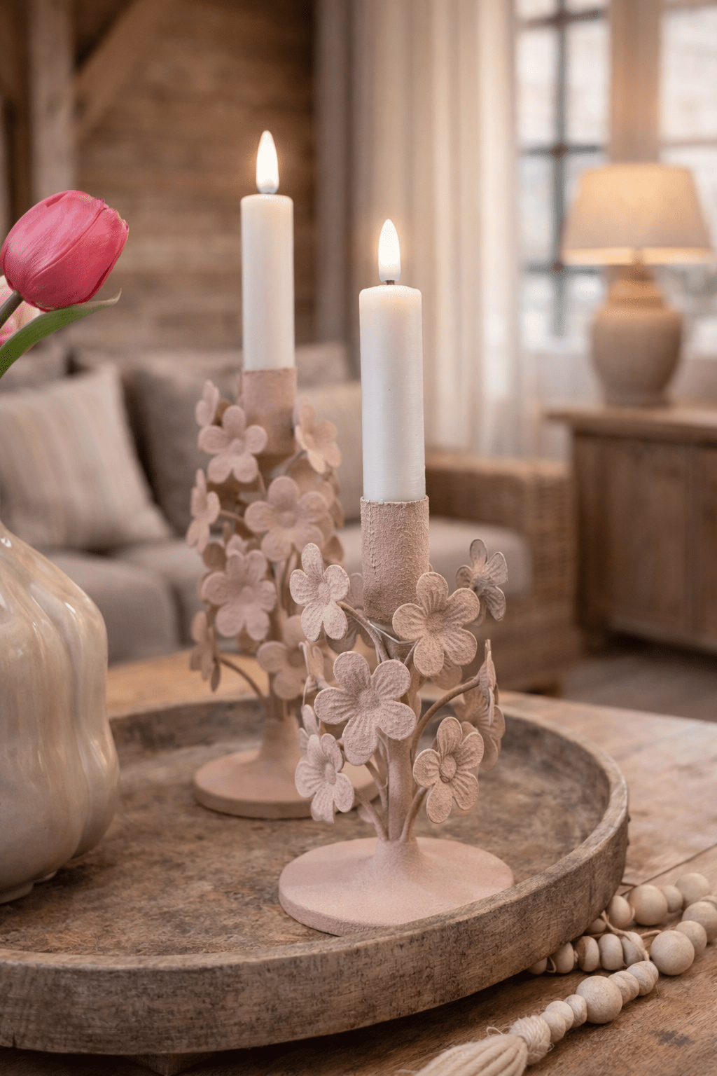Roze kandelaar met bloemetjes - DYNA WOONDECORATIE